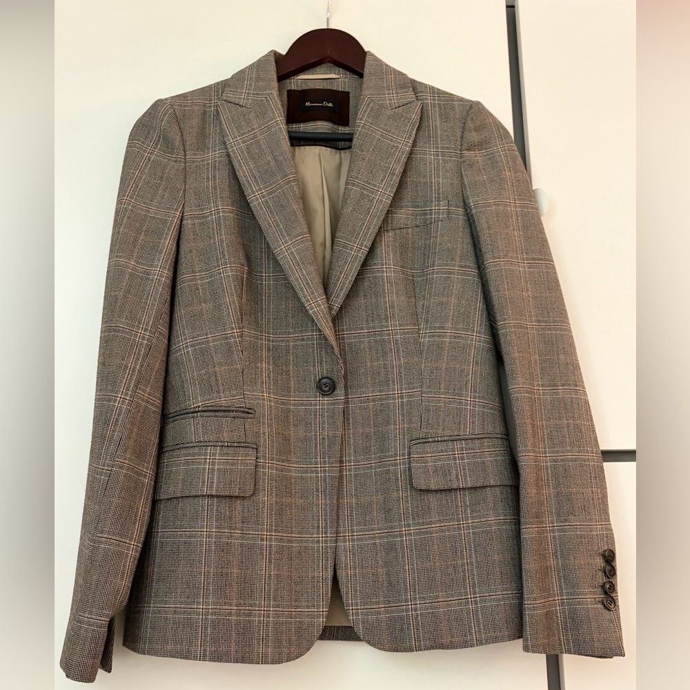Massimo Dutti Gray and Brown Plaid Tailored Blazer